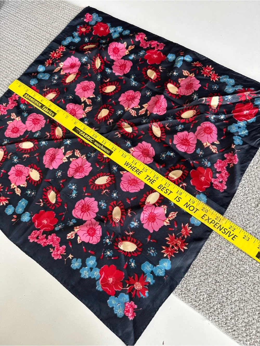 Vintage Black Floral Square Scarf with Pink, Blue & Red Accents